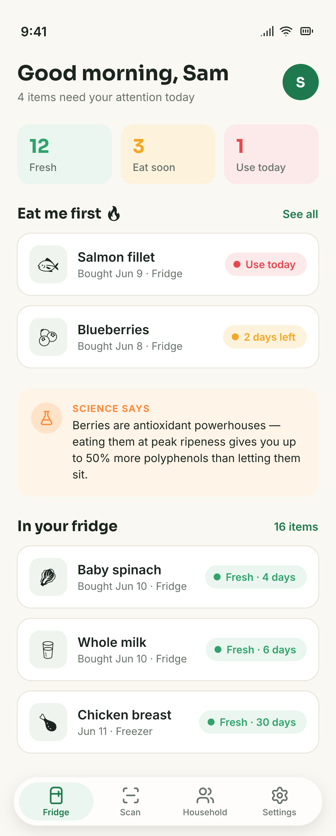 The frij app home screen showing tracked groceries and freshness reminders
